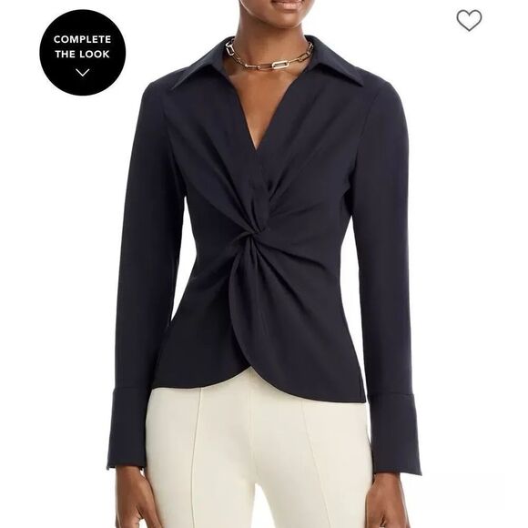 Cinq à Sept Tops - Cinq à Sept McKenna Twist Front Top Blouse Long Sleeve Collared V-Neck Black S